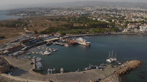 Aerial-shots-of-the-historical-port-of-Paphos,-Cyprus