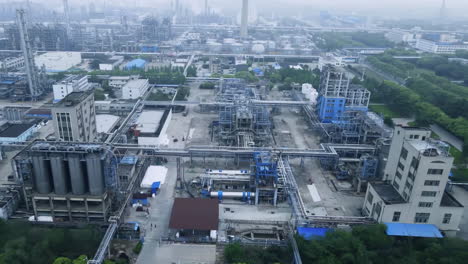 aerial view of oil depot, an oil refinery, truck transporting fuel and gasoline, gas storage terminal