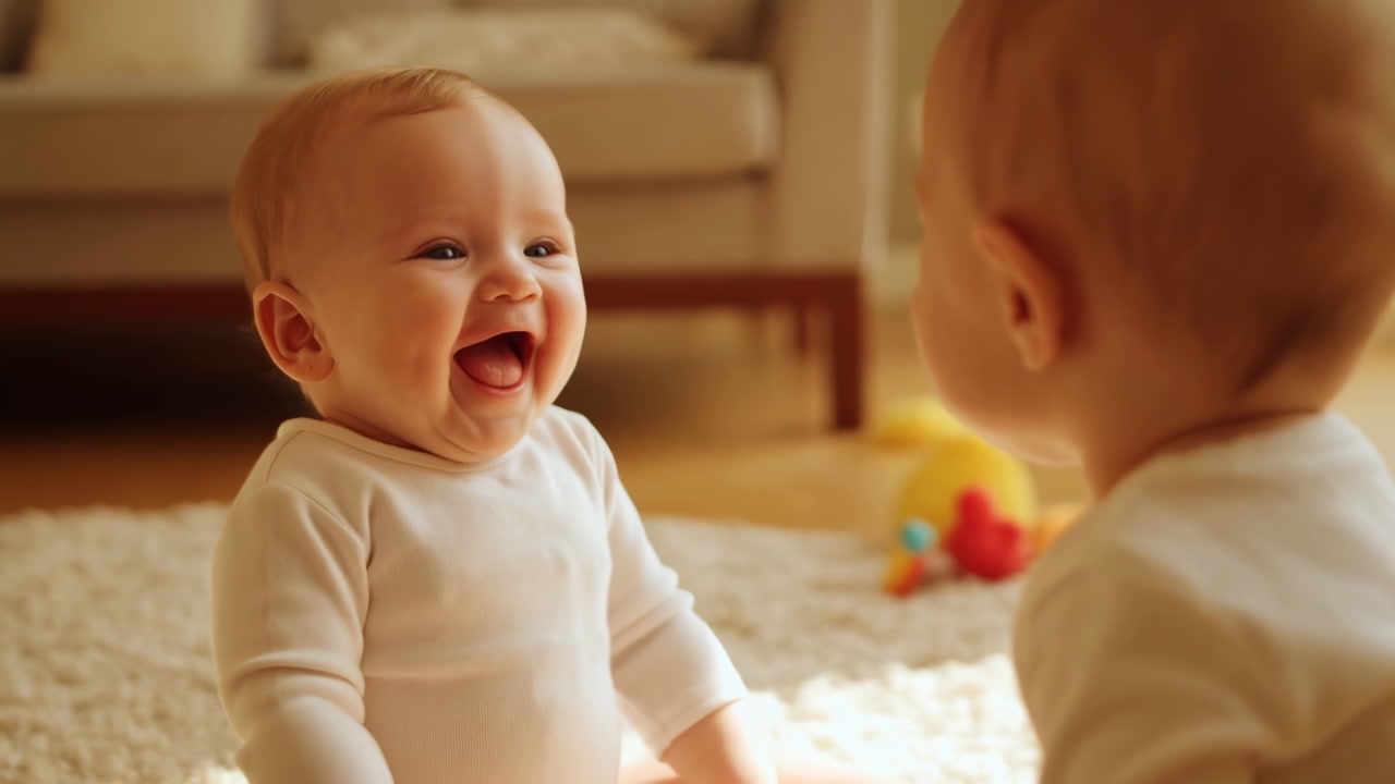 Smiling Caucasian Babies Giggling On Rug. Warm Sunlit Living Room Closeup Of Two Caucasian Infants Exchanging