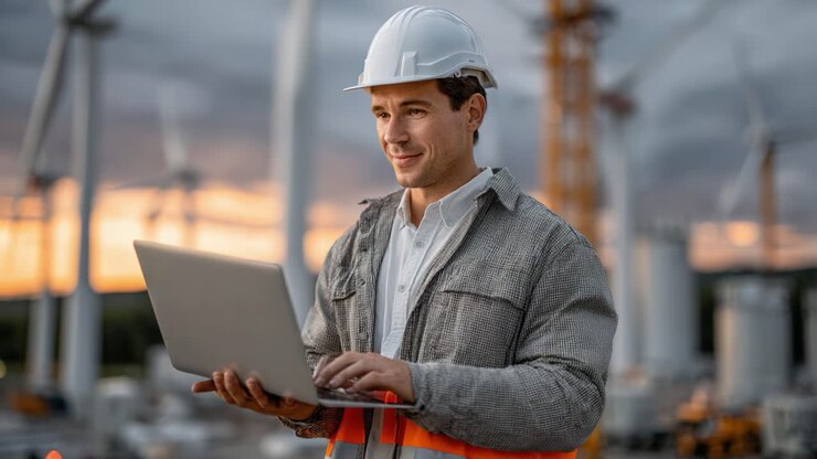 A Renewable Energy Engineer Evaluates Wind Farm Operations with Laptop, Showcasing Technology and Renewable Solutions in the Energy Sector at Sunset