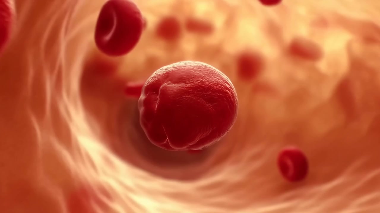 Close-up view of red blood cells moving through a narrow vessel with a warm orange glow, soft curved walls, and a central cell leading the bloodstream
