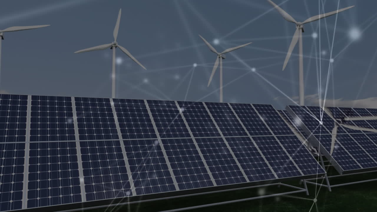 Animation of network of connections over solar panels and wind turbines