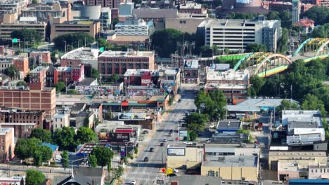 Urban-city-street-tilt-up-reveal-of-Baltimore-skyscrapers-in-downtown-urban-city-in-Maryland-USA