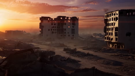 post-apocalyptic city ruins at sunset