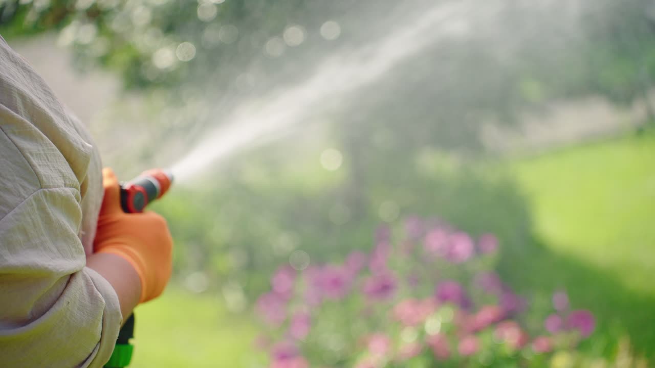 Un giardiniere annaffia fiori colorati con un tubo: nutrire la natura in un vibrante giardino primaverile pieno di vita e bellezza floreale in fiore