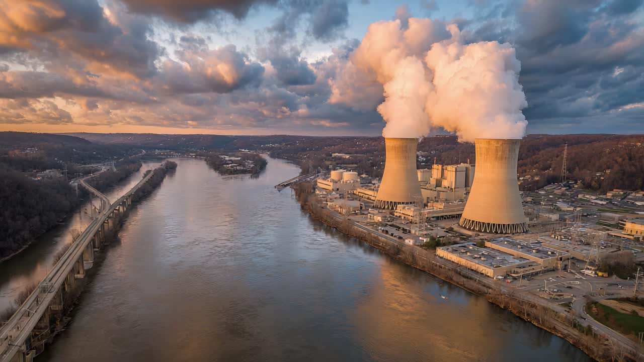 Aerial View of a Nuclear Power Plant with Towering Cooling Stacks Emitting Steam, Overlooking a Scenic River and Cloudy Sky at Dusk