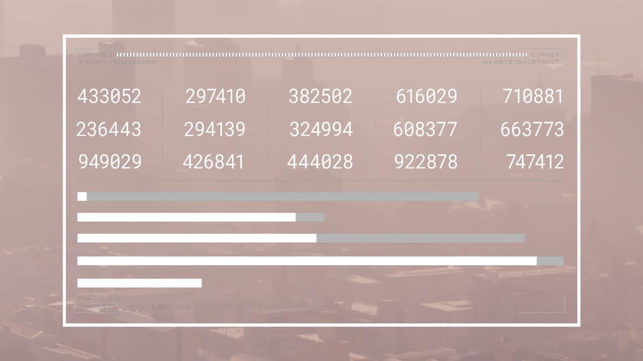 animación de la interfaz con el procesamiento de datos frente a una vista aérea del paisaje urbano