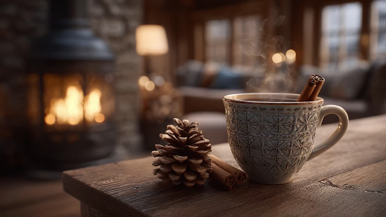 A Cozy Scene Featuring a Warm Cup of Spiced Beverage, Cinnamon Sticks, and Pinecones in a Rustic Interior with a Flickering Fireplace in the Background