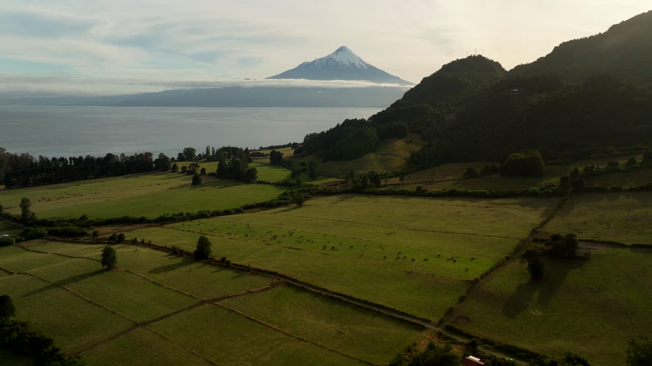 Scenic drone riser view over farm pastures of Osorno volcano on Lake Llanquihue
