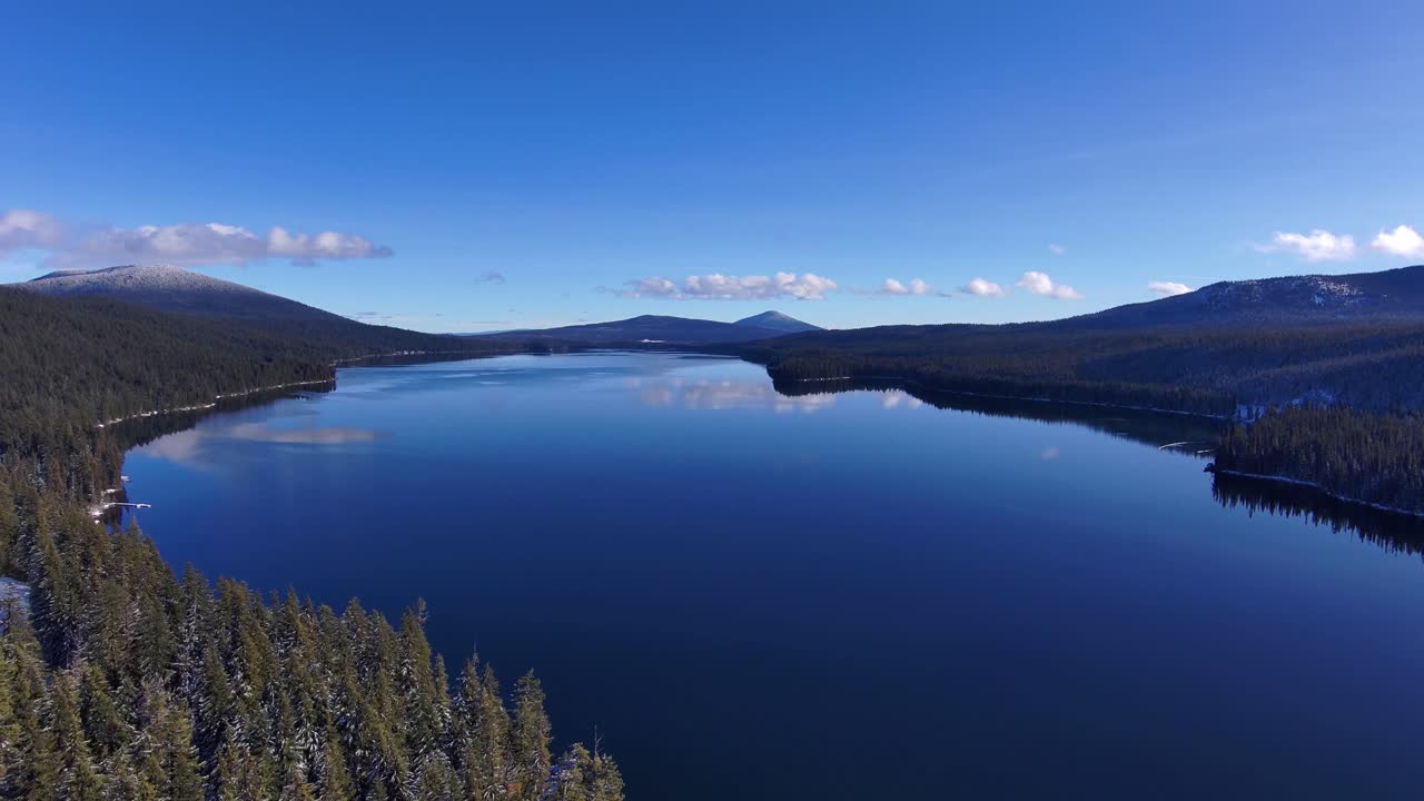 drone de derecha a izquierda sobre un lago azul reflectante en un día soleado de invierno, 60 fps
