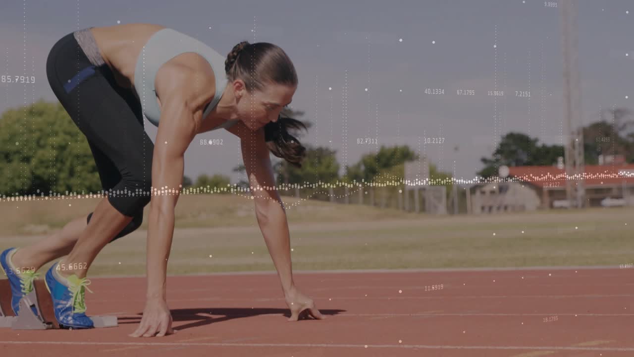 Woman sprinter pushing off starting blocks, driving strides to start track sprint with waveform