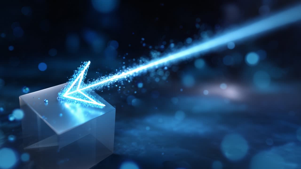 A Dynamic Arrow with Sparkling Particles Emitting from a Transparent Cube, Creating a Glowing Trail in a Mystical Blue Atmosphere of Light and Motion