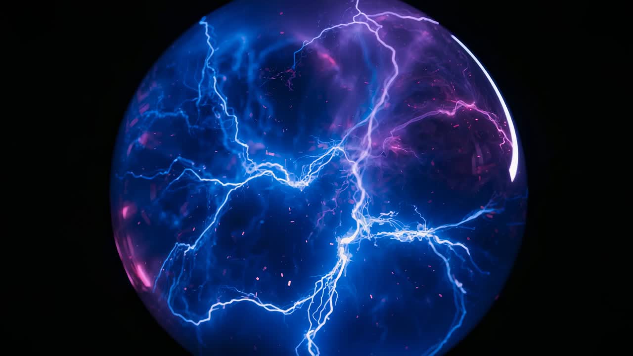 Power surge igniting plasma globe producing neon-blue violet filaments in dark void, sending sparks