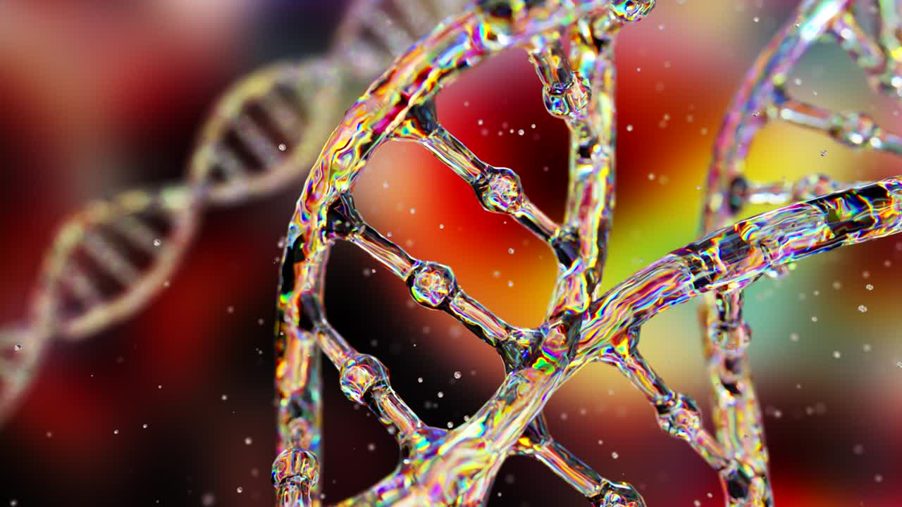 어두운 배경에 추상적인 dna. dna 홀로그램은 빛나는 색으로 빛나고 반인다. 과학과 의학 개념. 무결한 루프 3d 렌더링.