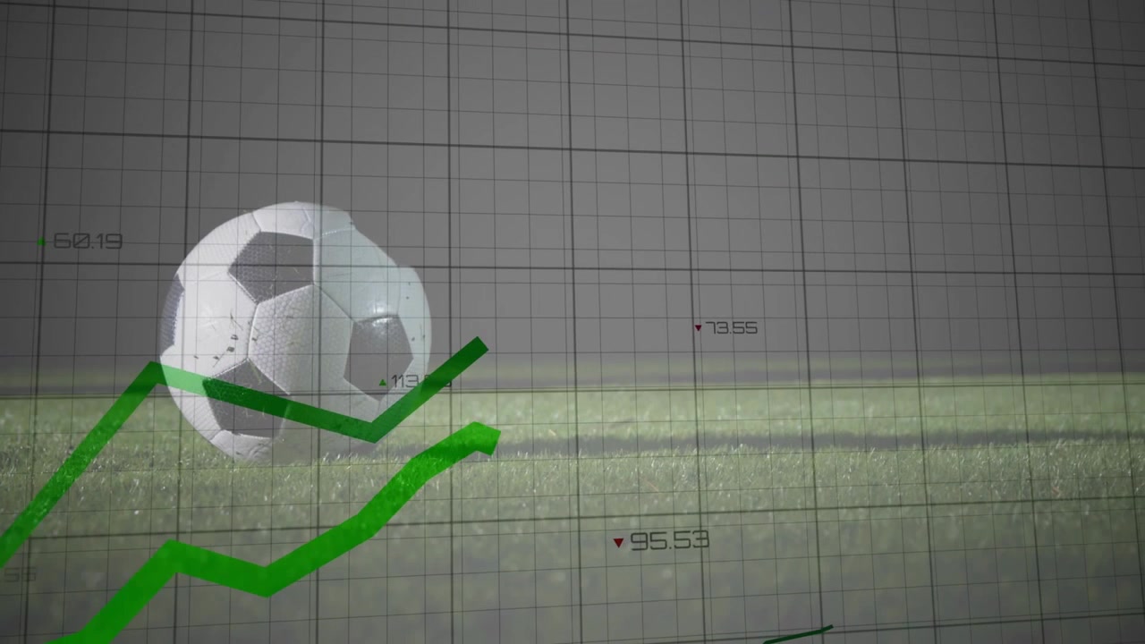graphs animating on grid then red-socked cleat stepping and pressing ball for performance tracking