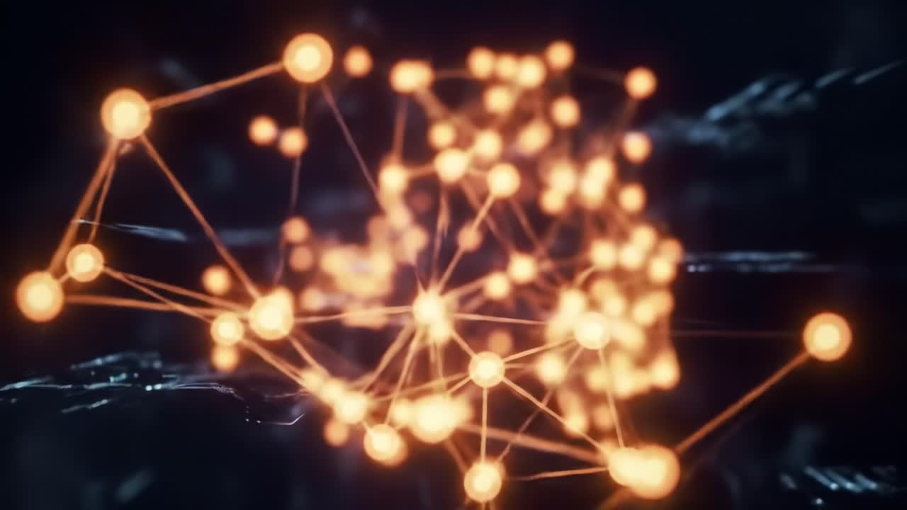Witness the intricate web of glowing connections in a digital network as bright nodes pulse with energy. This display showcases the beauty of technology in a captivating visual atmosphere.