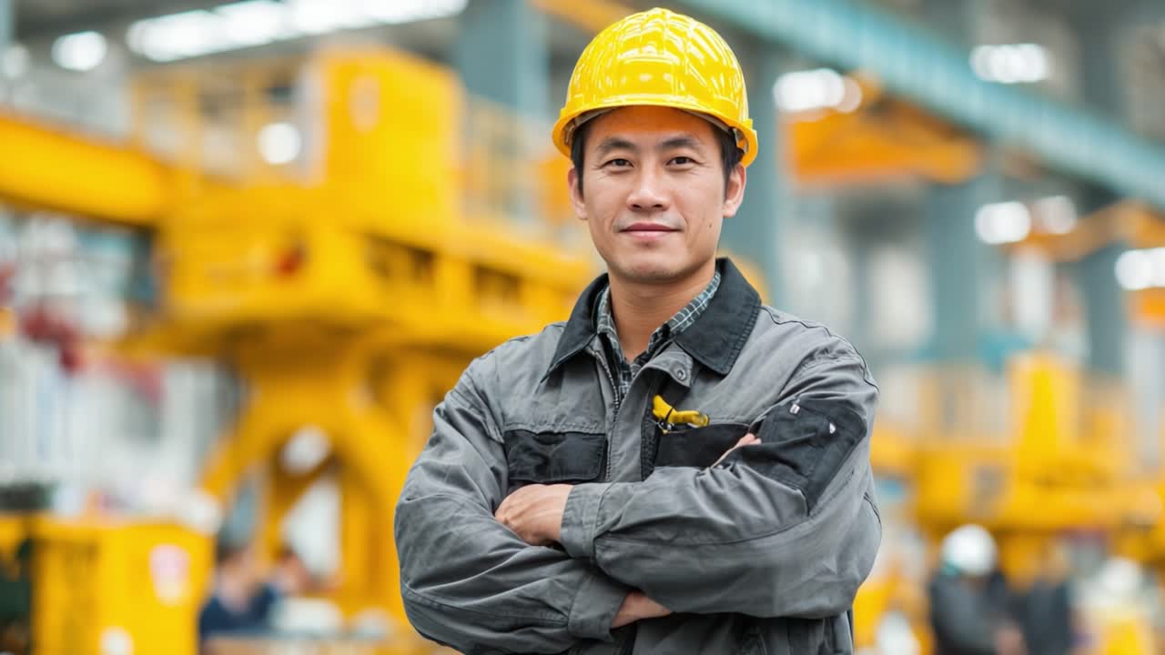 Operaio industriale sicuro di sé con indumenti protettivi: un professionista esperto con un casco che posa per la fotocamera in un moderno ambiente di produzione