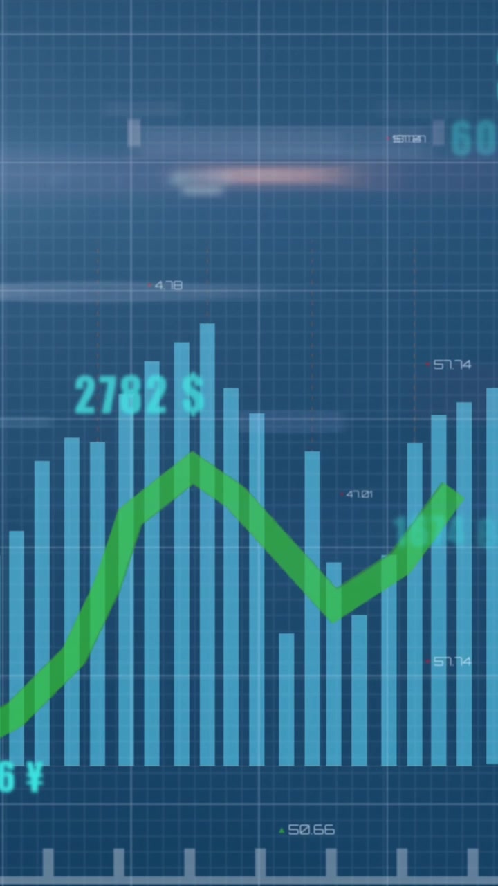 Animazione dell'elaborazione di dati statistici su schermi di quadrati a mosaico su sfondo blu