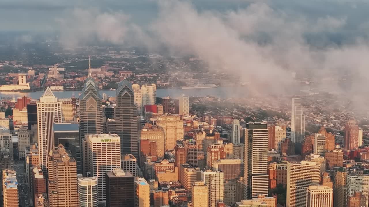 Stunning aerial view of Philadelphia skyline under a cloudy sky