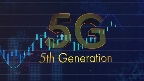 animation of 5g 5th generation text over statistics and data processing