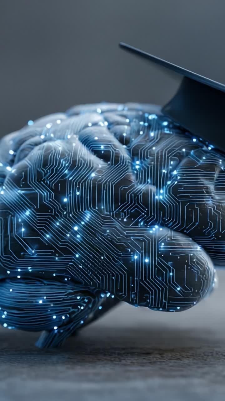 A Creative Representation of Artificial Intelligence: A Futuristic Brain with Digital Circuitry and Graduation Cap Symbolizing Learning and Innovation
