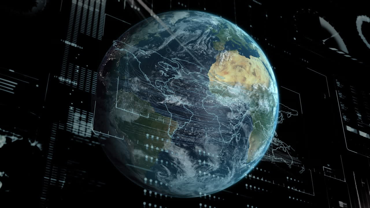 Animation of data processing over globe on black background
