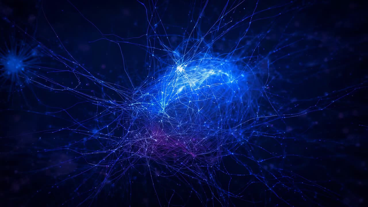 Luminous neural network weaving glowing filaments in void, after nodes brighten to form connections