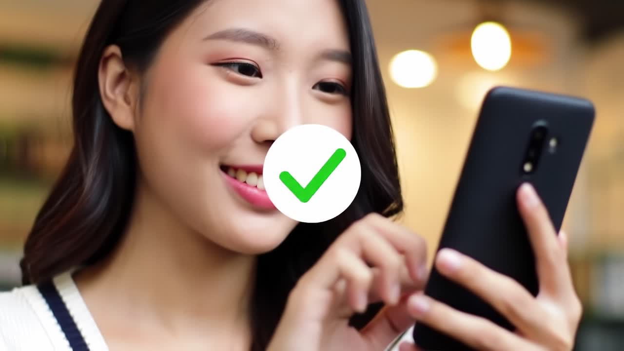 A young woman engaging with her smartphone, smiling with satisfaction as she checks her messages or notifications, reflecting a moment of joy and connection in the digital age.