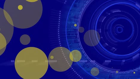 Animation-of-yellow-spots-over-round-scanner-spinning-and-data-processing-against-blue-background