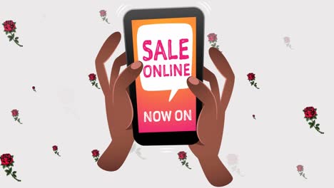 animation of sale online now on text on smartphone over flowers moving in hypnotic motion