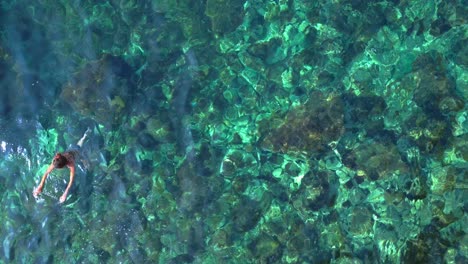 two tourists swimming in the transparent waters of ibiza, spain. fantastic aerial view flight vertical bird's eye view drone