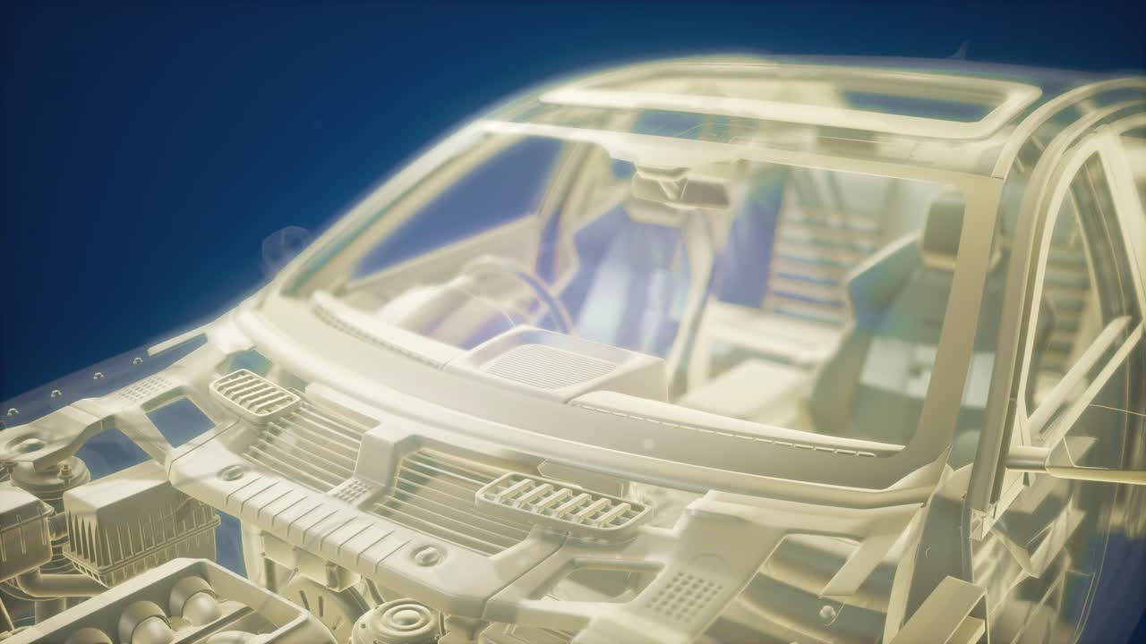 엔진이 있는 3d 와이어프레임 자동차 모델의 홀로그래픽 애니메이션