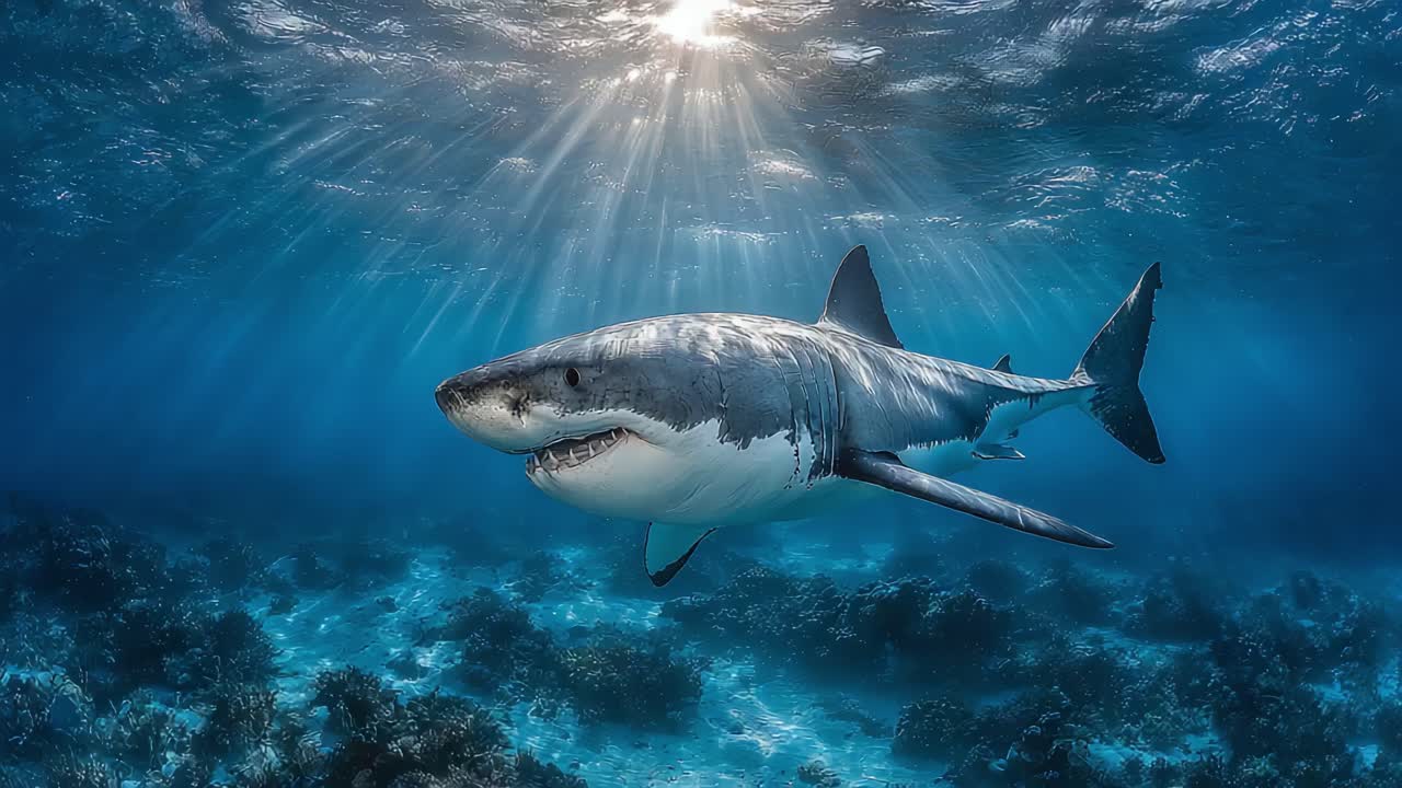 A Majestic Great White Shark Gracefully Gliding Through Crystal-Clear Ocean Waters Beneath Radiant Sunlight in Stunning Underwater Scene