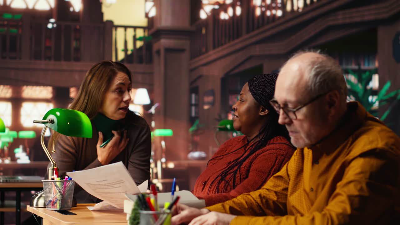 Group of people working together in a library