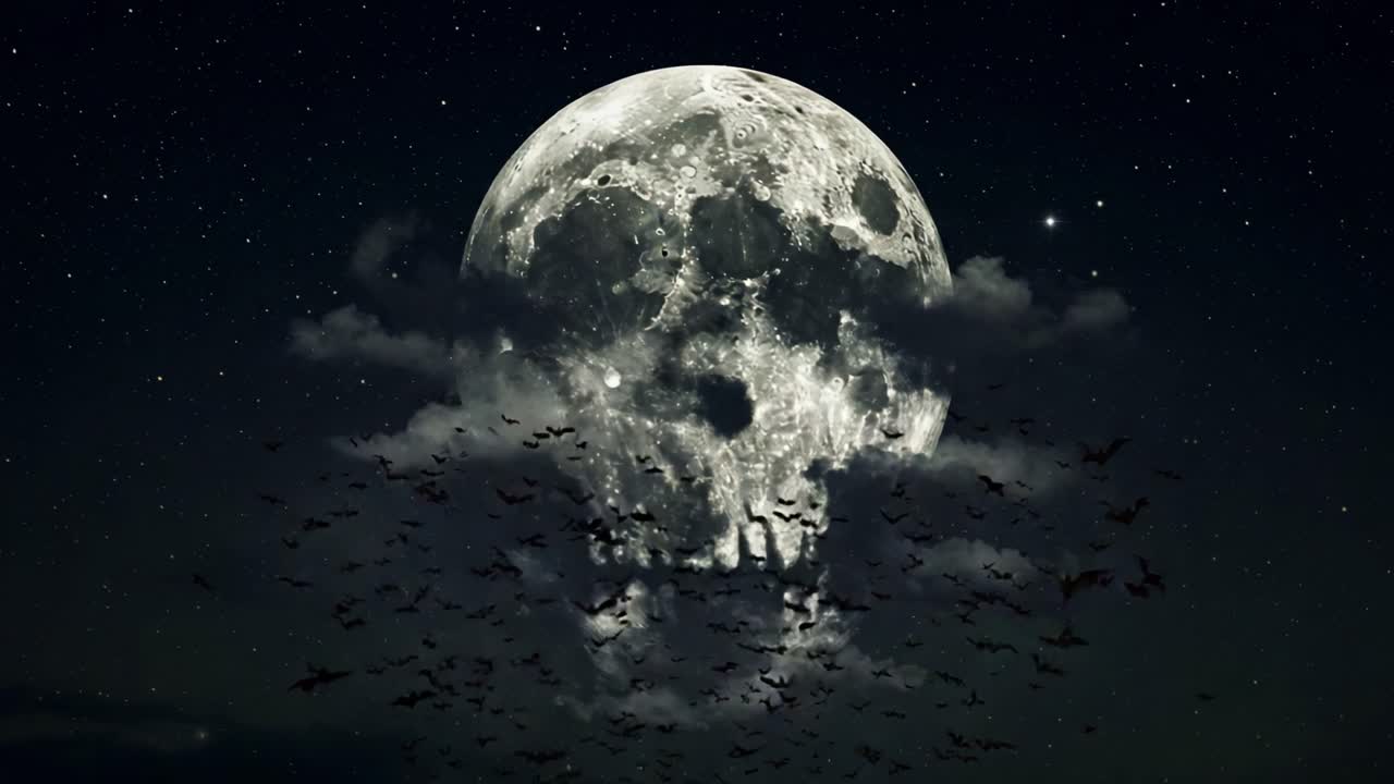 A Haunting Full Moon Rises Above, Shrouded in Mystical Clouds, Forming a Sinister Skull Shape Amidst a Flock of Bats in the Night Sky