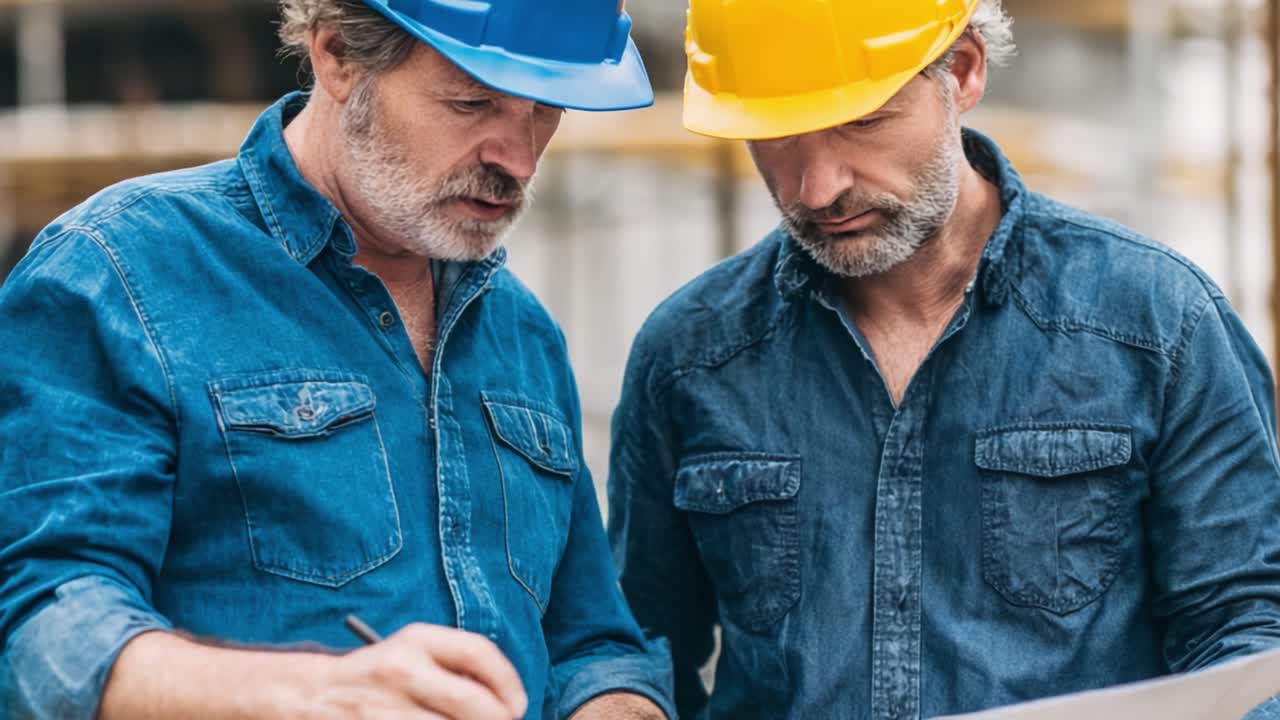 Two Construction Workers Collaborating on a Project: Detailed Planning and Problem-Solving Amidst a Building Site Environment with Safety Helmets and Blue Shirts