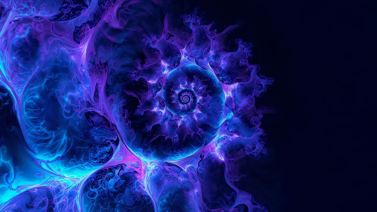 Animación de espiral fractal luminosa que evoluciona y gira hacia el centro en un vacío oscuro, filamentos pulsantes