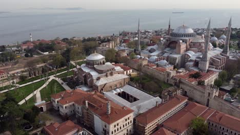 drone shot of hagia irene and hagia sophia in istanbul, turkey - drone is circling around