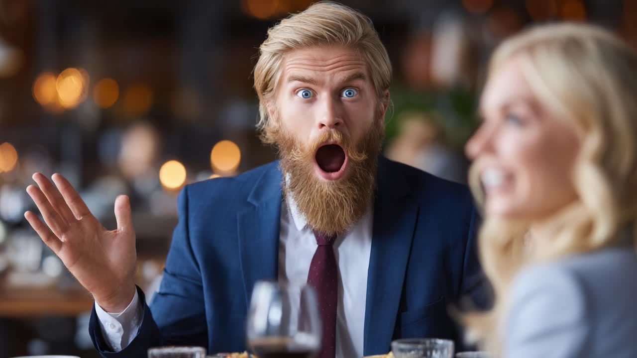 A Surprised Gentleman in Formal Attire Engaging in Conversation with a Woman in a Cozy, Upscale Restaurant Setting Over Dinner