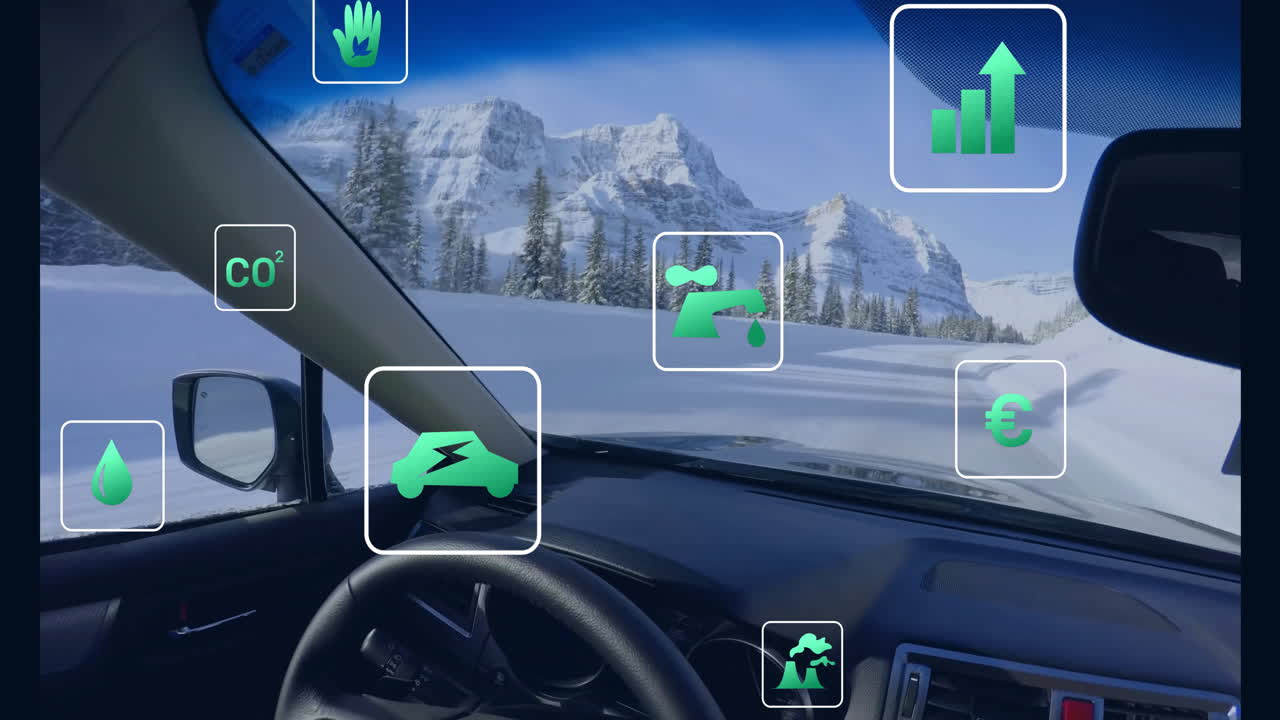 conduciendo a través de montañas nevadas, animación de tablero de instrumentos de automóviles ecológicos con íconos verdes