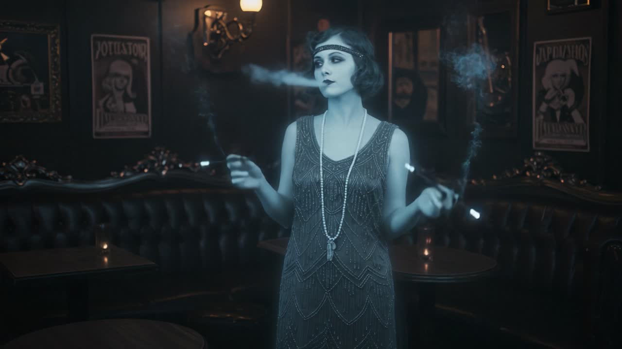 A Mystic Night at the Jazz Lounge: A Timeless Elegance Captured in the Allure of a Smoke-filled Room with Vintage Glamour and Enigmatic Charm