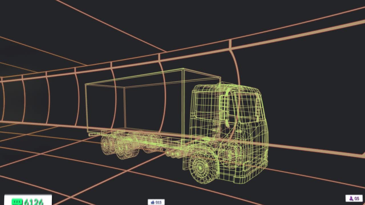 After one second neon-yellow semi-truck spawning floating metric counters visualizing engagement