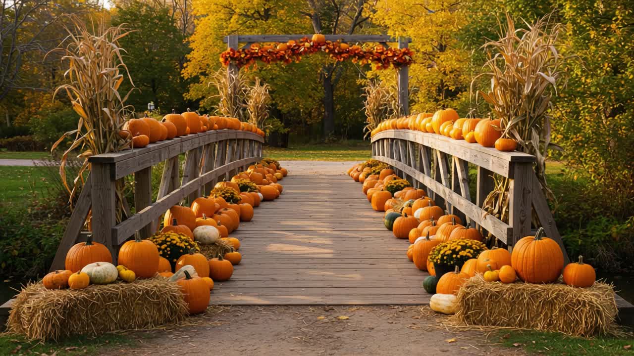 A Beautiful Autumn Scene Featuring a Wooden Bridge Adorned with Vibrant Pumpkins and Seasonal Decor Surrounded by Stunning Fall Foliage