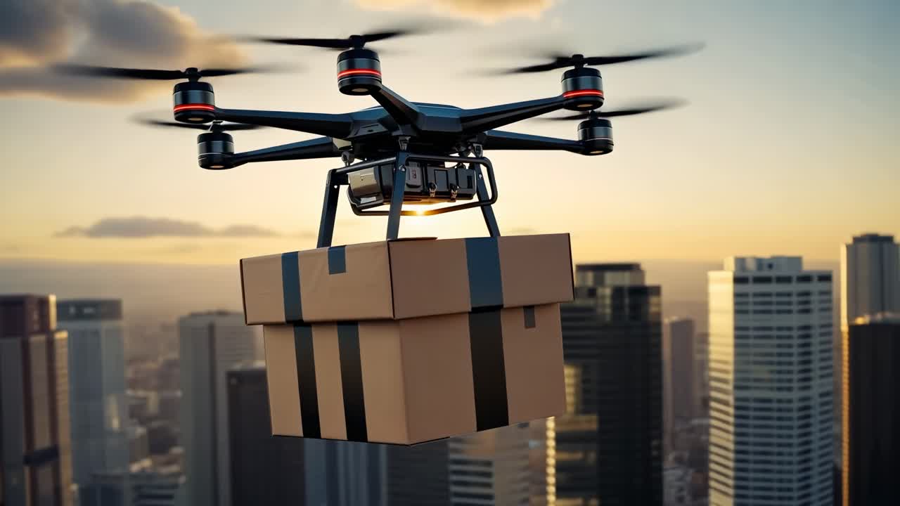 Drone che consegna pacchi sopra lo skyline della città al tramonto.