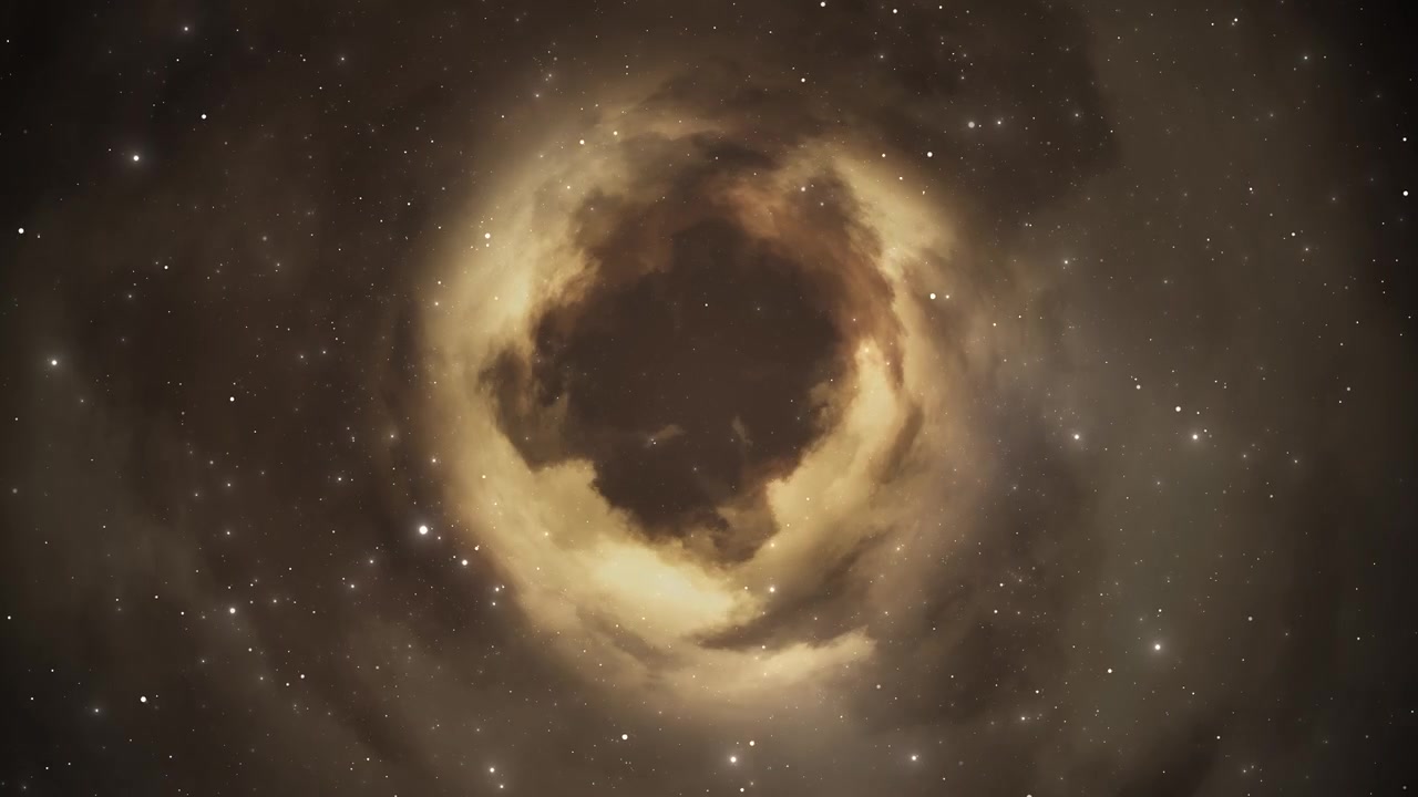 Golden space vortex background with smoky circular nebula dark center stars and cosmic dust perfect