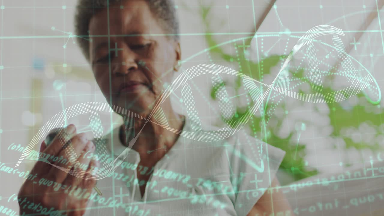 Elderly woman raising capsule, rotating it while revealing holographic DNA data overlay for health