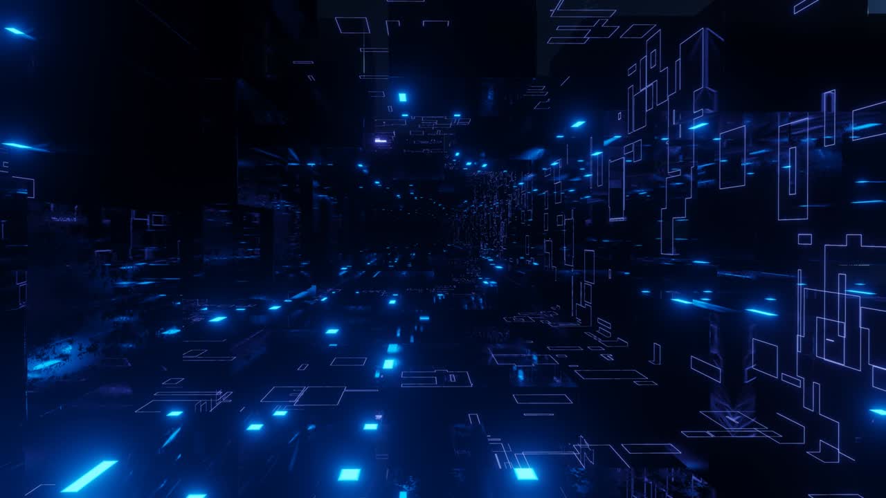 el patrón de forma de línea de brillo como un holograma de ciencia ficción. volar a través del ciberespacio tecnológico con brillo de neón azul. vuelo de ciencia ficción a través del túnel de tecnología de alta tecnología. 3d en bucle sin costuras 4k fondo brillante. flujo de datos