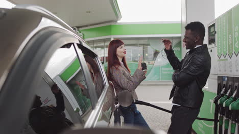friendly conversation at gas station