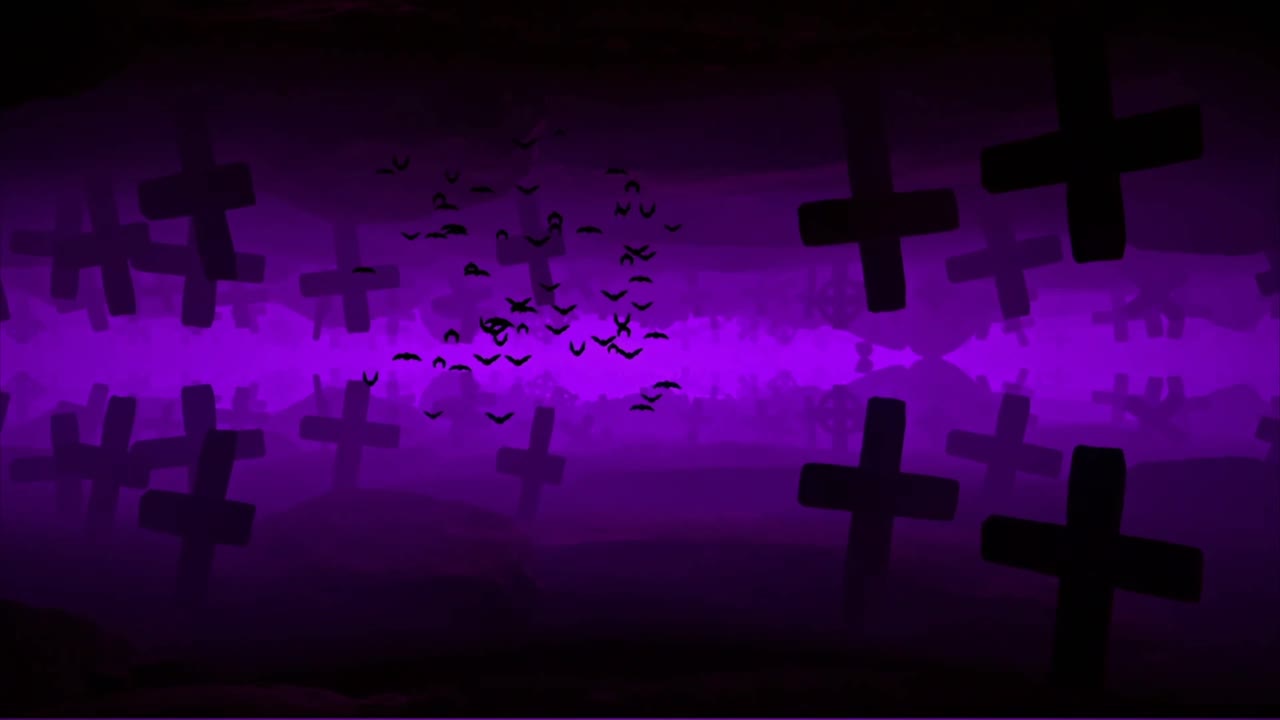 Dark Cemetery with Crosses and Flying Bats in Purple Light