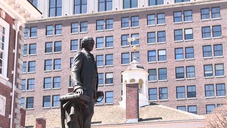 A-Statue-Of-George-Washington-Stands-In-Front-Of-Independence-Hall